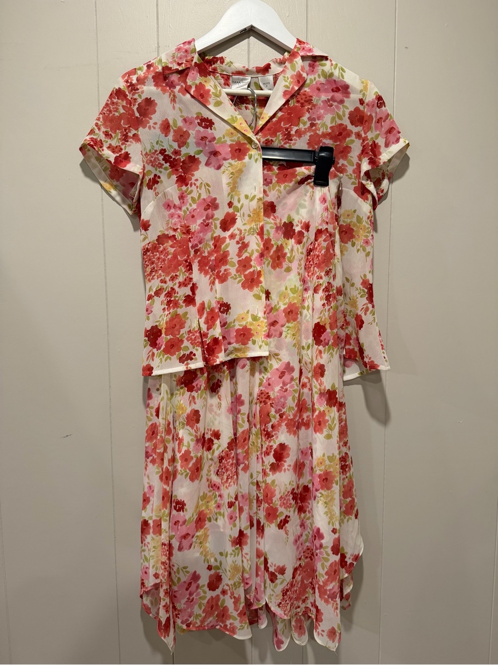 Emma James Floral Two-Piece Set in White with Coral, Pink & Green